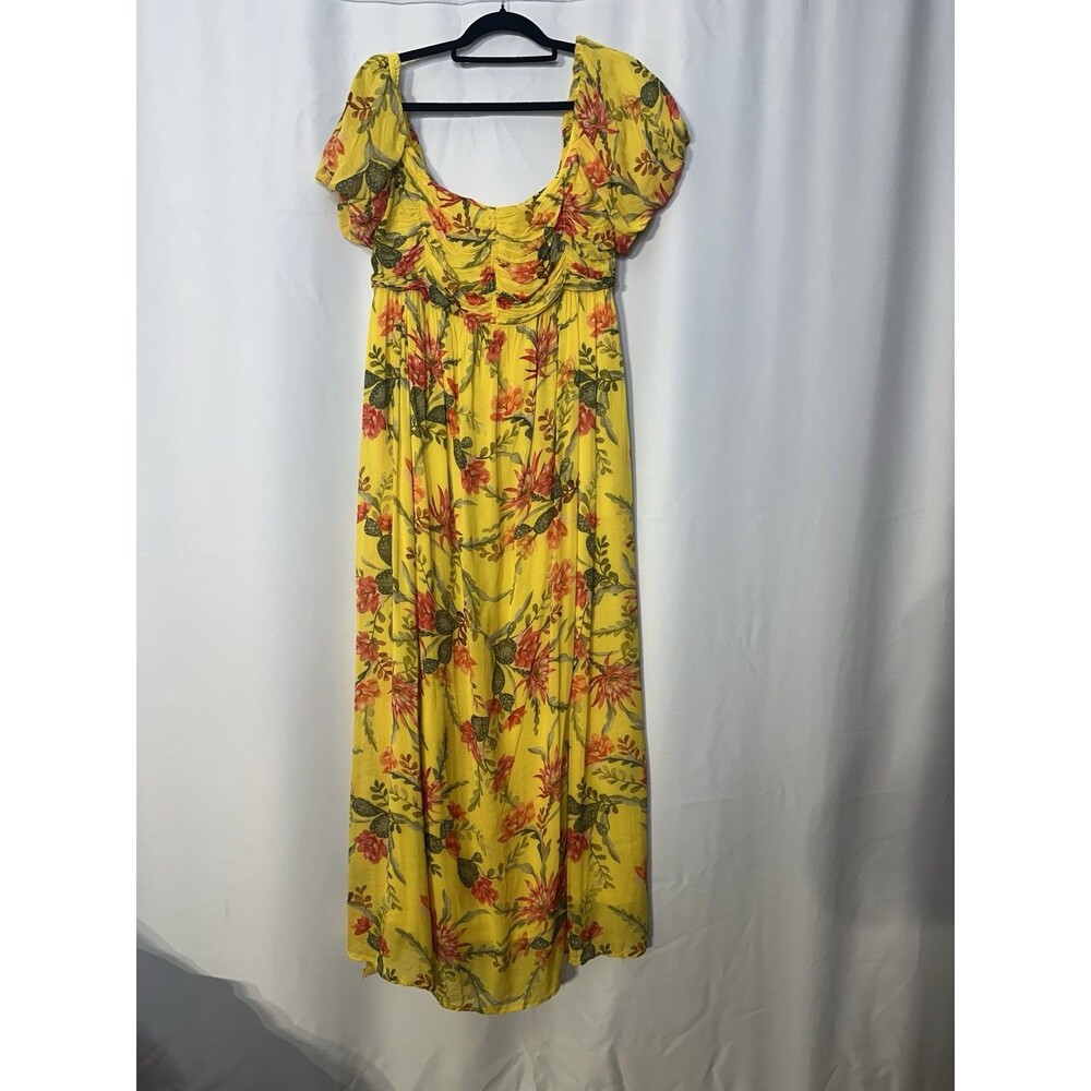 Banjanan Dress XL Yellow Floral Midi Boho Smocked Puff Sleeve Cotton Xl